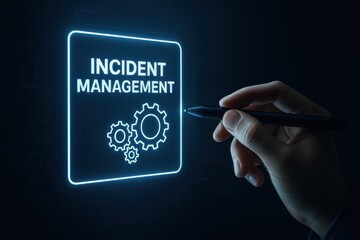 Hand interacting with an illuminated interface displaying 'Incident Management,' symbolizing digital workflow optimization and automated processes in IT operations.