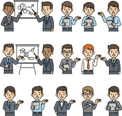 Create a kinds of deferent Simple vector illustration of a smiling businessman giving an explanation vector art with white background..