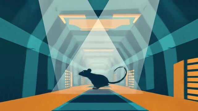 Animated Laboratory Rat Running Through a Futuristic Scientific Maze.