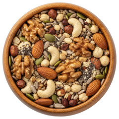 Overhead View of a Wooden Bowl Filled with Mixed Nuts and Seeds Including Walnuts Almonds Cashews and Pumpkin Seeds Under Studio Lighting