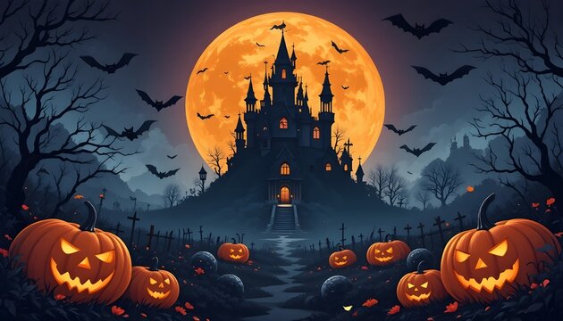 Halloween Scene with Pumpkins, Bats, Cemetery, and Haunted Castle Under a Spooky Orange Moon – Vector Illustration