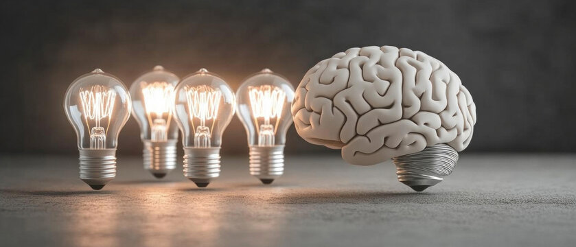 Four glowing bulbs directed at a model of the human brain symbolise creativity and intelligence, which is relevant for educational projects or as an inspiring backdrop on scientific platforms.