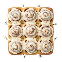 Overhead View Of Freshly Baked Cinnamon Rolls With Cream Cheese Frosting And A Sprinkle Of Cinnamon Isolated On A White Background