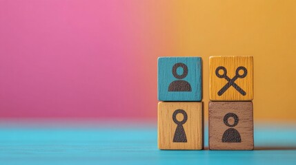 Bright wooden cubes with symbols of accessibility and gender neutrality represent inclusivity, which is suitable for the background of social projects or educational initiatives.