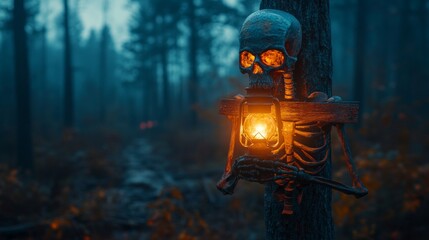 The sinister atmosphere of the forest is emphasised by a glowing skull holding a lantern, illustrating the theme of danger and mysticism, ideal for the backdrop of Halloween events or thrillers.