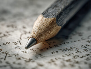 Macro shot of a wooden pencil tip resting on a sheet filled with handwritten mathematical equations and formulas in soft focused background