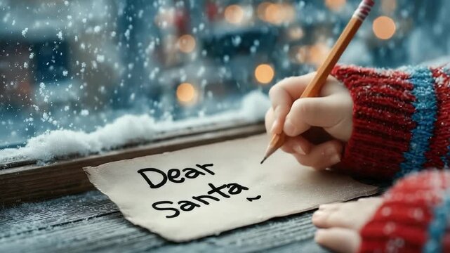 Close up of a child's hand writing a wish list letter to Santa Claus on an old paper by a snowy window, with festive lights creating a warm bokeh background during Christmas eve