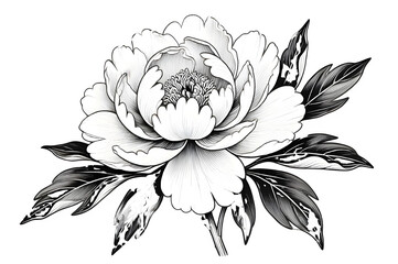 Elegant peony flower illustration in black and white with detailed line work design on transparent background