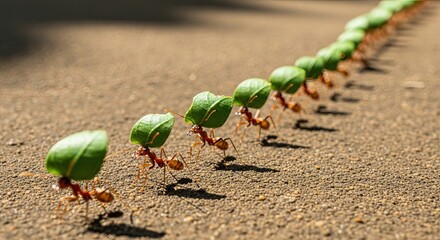 Ants carrying leaves in a line, teamwork and collaboration.