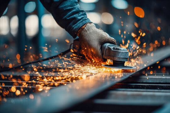 Worker using an electric grinder to cut metal with sparks flying, showcasing industrial craftsmanship and safety in a workshop environment