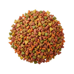 Pile Of Dry Cat Food Kibble With Various Colors And Shapes On A Black Background Top View