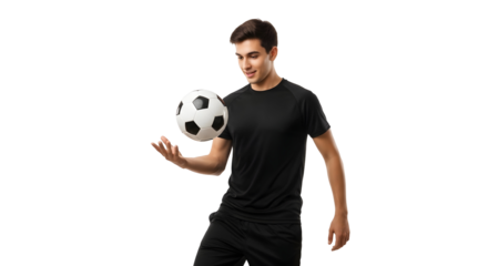 Young man juggling soccer ball isolated on transparent background, showing off his amazing football skills