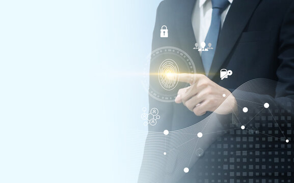 Cyber security system and data protection concept. Man using fingerprint scanning access data with data center as background, biometric identity, data encryption for network security of cyber attack.