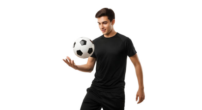 Young man juggling soccer ball isolated on transparent background, showing off his amazing football skills