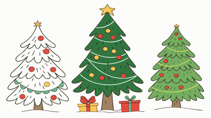Illustration of three christmas trees with ornaments and gifts under them on a white background