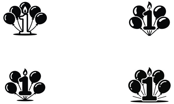 First Birthday Celebration Icons &ndash; Candle with Balloons in Black Silhouette Style
