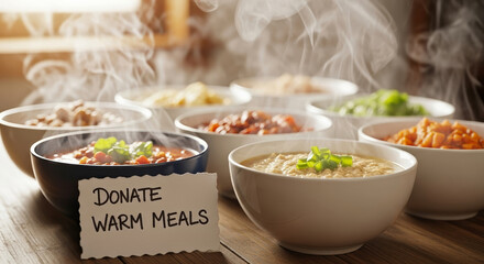 Donate warm meals with assortment of steaming bowls of food lined up on wooden table. Donate warm meals for people in need. Donate warm meals concept for soup kitchen and hunger relief efforts.