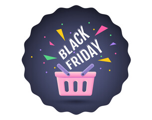 Vector pink shopping basket in realistic 3d style for sale. Vector illustration of pink shopping basket on dark background for black friday.