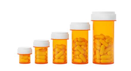 Pill bottles of varying sizes with capsules isolated on transparent background, showcasing medication management