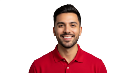 Smiling 22-26-year-old Hispanic man, a department store stockroom employee during the holiday rush in a red polo, isolated on transparent background. Ideal for retail, HR, holiday promotions,
