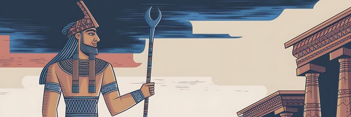 Ancient Sumerian god Enlil depicted as the storm and wind deity of the Anunnaki surrounded by grand Mesopotamian temples intricate carvings and mythic symbols stylized 2D cartoon illustration design