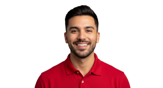 Smiling 22-26-year-old Hispanic man, a department store stockroom employee during the holiday rush in a red polo, isolated on transparent background. Ideal for retail, HR, holiday promotions,