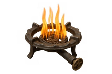 Old cast iron gas burner with active flame, providing intense cooking heat, on a transparent background
