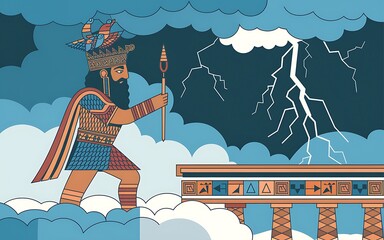 Ancient Sumerian god Enlil depicted as the storm and wind deity of the Anunnaki surrounded by grand Mesopotamian temples intricate carvings and mythic symbols stylized 2D cartoon illustration design