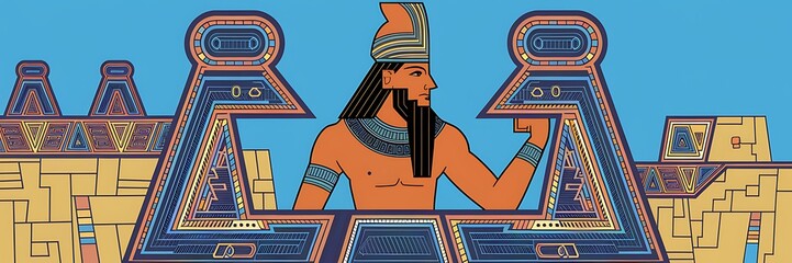 Ancient Sumerian god Enlil depicted as the storm and wind deity of the Anunnaki surrounded by grand Mesopotamian temples intricate carvings and mythic symbols stylized 2D cartoon illustration design