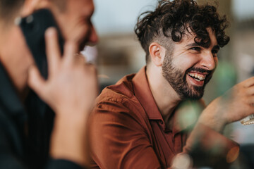 A joyful moment between friends in a relaxed, casual environment. A smiling man with a beard shares conversation and laughter, capturing warmth and everyday social connection.