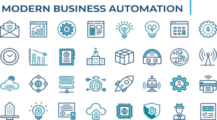 Fototapeta premium Adobe IllustratoSet of modern business automation icons representing digital transformation, workflow efficiency, data analysis, cloud computing, and innovation concepts r Artwork