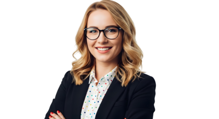 Portrait of a smiling young businesswoman in glasses with arms crossed isolated on transparent background
