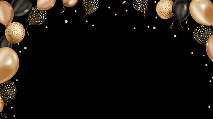 Elegant black backdrop featuring stylish golden and black balloons with confetti