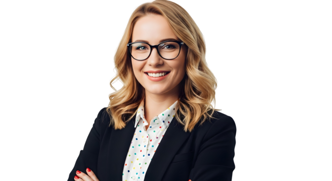 Portrait of a smiling young businesswoman in glasses with arms crossed isolated on transparent background
