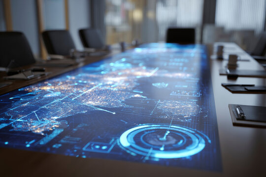 Global supply chain dashboard projected in a meeting room, logistics planning session, futuristic touch interface aesthetics. Generative AI image - Powered by Adobe