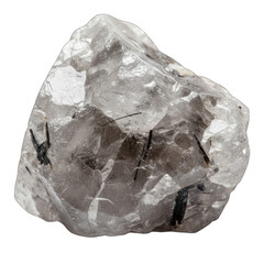Raw Clear Quartz Crystal with Black Tourmaline Inclusions Isolated on White Background Macro Studio Shot