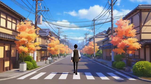 Animated Japanese street scene with person walking across crosswalk during autumn vibrant foliage and clear blue sky with fluffy clouds and overhead power lines