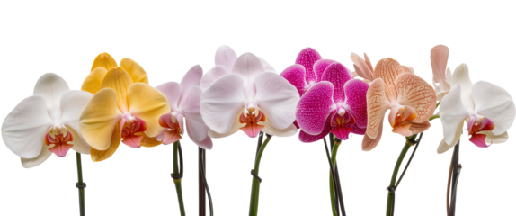 An eye-level shot highlights colorful orchids in full bloom against a transparent background
