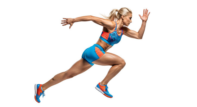 Determined female athlete sprints forward with power isolated on transparent background, showcasing her strength and speed