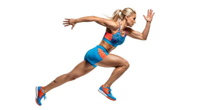 Determined female athlete sprints forward with power isolated on transparent background, showcasing her strength and speed