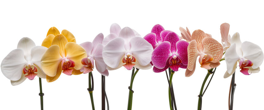 An eye-level shot highlights colorful orchids in full bloom against a transparent background