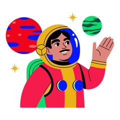 Naklejka premium Astronaut floating through colorful cosmic waves surrounded by glowing planets and stars — PNG File On Transparent Background 