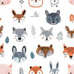 Seamless pattern with cute animal faces and leaves on white background illustration.