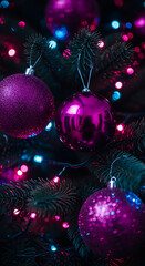Obraz premium A beautiful Christmas tree decorated with pink and purple lights, sparkling and shiny. Christmas aesthetic and festive atmosphere keyword set, ideal for winter-season visuals, holiday campaigns coz