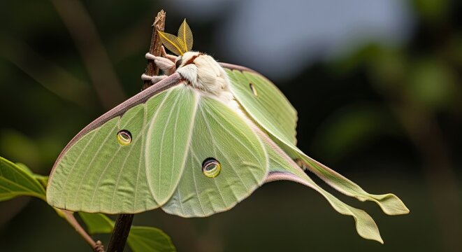 Beautiful Luna Moth Resting on a Branch with Green Leaves.