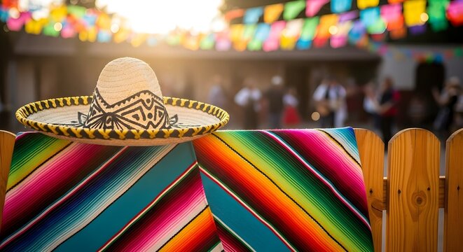 Traditional sombrero and colorful serape draped over a fence at a festive outdoor celebration