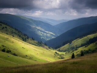 echoing. Sound waves echoing between canyon walls in a misty valley, wide landscape view. travel magazines, destination branding, designed for outdoor magazines and nature guides.