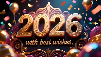 Golden 2026 new year celebration with balloons and confetti for festive greetings on transparent background