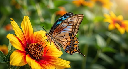 Beautiful Swallowtail Butterfly Sipping Nectar from a Yellow Flower.