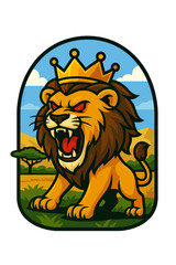 Roaring Lion King Illustration Majestic Animal with Crown on Savannah